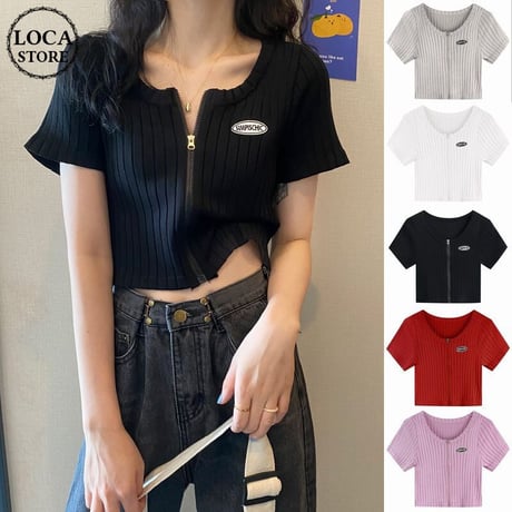 半袖 リブニット クロップド丈 フロントジップ カットソー 韓国ファッション レディース トップス ショート丈 ジップアップ 大人可愛い ガーリー カジュアル DTC-639071170780