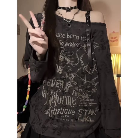 ワンショルダー ダメージ加工 トップス ストラップ tシャツ グラフィックプリント オーバーサイズ ロンt 長袖 韓国ファッション レディース 大人可愛い ガーリー DTCA-822110064294
