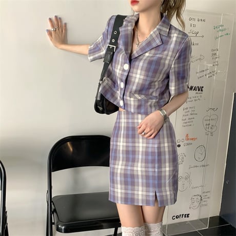 セットアップ チェック柄 クロップドジャケット ＋ スカート ハイウエスト 韓国ファッション レディース ジャケット クロップド丈 半袖 大人可愛い ガーリー DTC-642494056922