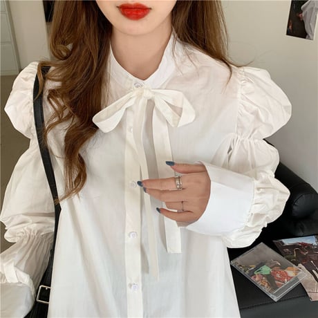 リボンタイ ブラウス 長袖 シフォン ボウタイ リボン 韓国ファッション レディース 大人可愛い ガーリー フェミニン DTC-651773180755