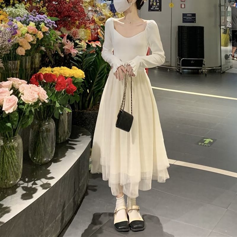 DABUWAWA 上品 長袖 ワンピース お花 ⅴネック ハイウエスト ワンピース スクエアネック Vネック ロング丈 チュール