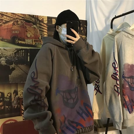 ユニセックス パーカー プルオーバー 裏起毛 韓国ファッション メンズ レディース 落書き ペイント プリント オーバーサイズ ストリート (DTC-607518859009)