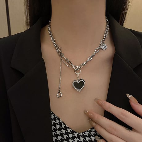 ハートネックレス 太チェーン ラインストーン 金属アレルギー対応 ハート ジルコン ネックレス アクセサリー チタンスチール 韓国アクセサリー 韓国ファッション DTC-672751439463