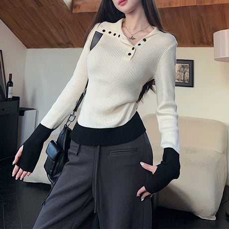 リブニット 配色 カフス バイカラー ニット トップス スリムフィット ニットソー 長袖 レトロ 大人可愛い ガーリー カジュアル DTCA-867144551057