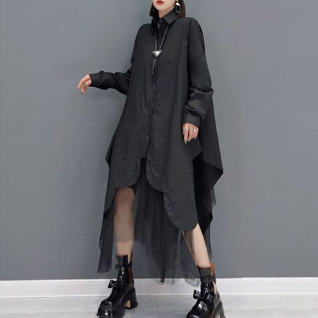 ロングシャツ シャツワンピース チュール シャツ ワンピース アシンメトリー ルーズ 長袖 レトロ 韓国ファッション レディース 大人可愛い ガーリー DTC-653970172988