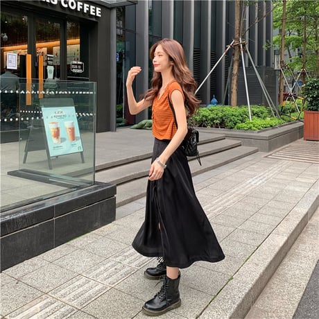 スカート ロング丈 深スリット Aライン 韓国ファッション レディース スリットスカート ロングスカート ハイウエスト シンプル ガーリー DTC-619028196950_sk