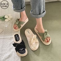 クロスデザイン リボン 厚底サンダル 22.5～25.0cm スリッパ サンダル オープントゥ フラットヒール 厚底 美脚効果 韓国ファッション レディース DTC-640513581984