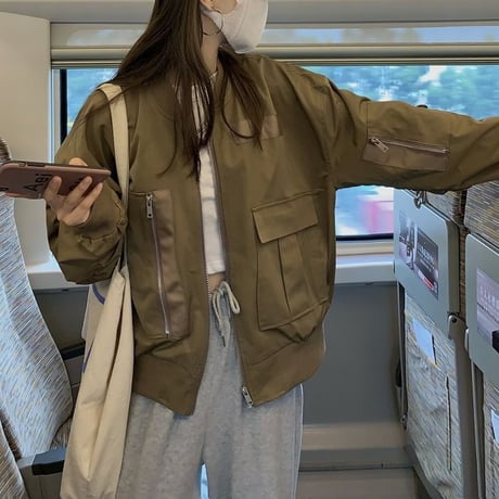 ミリタリー風 ブルゾン ジャンパー MA-1 ポケット 薄手 ルーズ 韓国ファッション レディース 大人可愛い ガーリー カジュアル 韓国ストリートファッション DTC-680499052243
