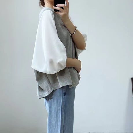 ドッキングブラウス 5分袖 トップス バルーン袖 チェック柄 無地 フェイクレイヤード Tシャツ レトロ 韓国ファッション レディース 大人可愛い ガーリー DTC-708136202207