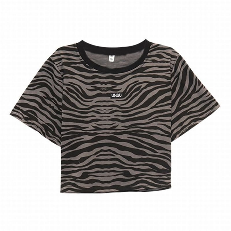 ゼブラ柄 クロップド丈 Tシャツ へそ出し 半袖 ラウンドネック 韓国