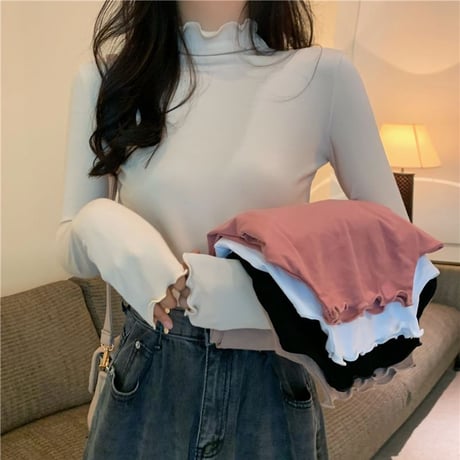 スリムフィット カットソー 長袖 ハーフネック フリルネック 韓国ファッション レディース Tシャツ 伸縮性 無地 シンプル 大人可愛い ガーリー DTC-628616580526