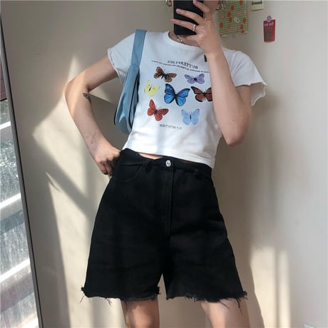 Tシャツ 半袖 袖切りっぱなし ショート丈 バタフライ 蝶 ホワイト 韓国ファッション レディース 大人可愛い ガーリー DTC-614247121002_wt