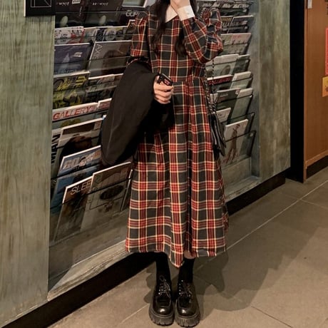 チェック柄 襟付き ワンピース 配色 ハイウエスト ロング丈 長袖 レトロ 韓国ファッション レディース 大人可愛い ガーリー DTC-661189634052