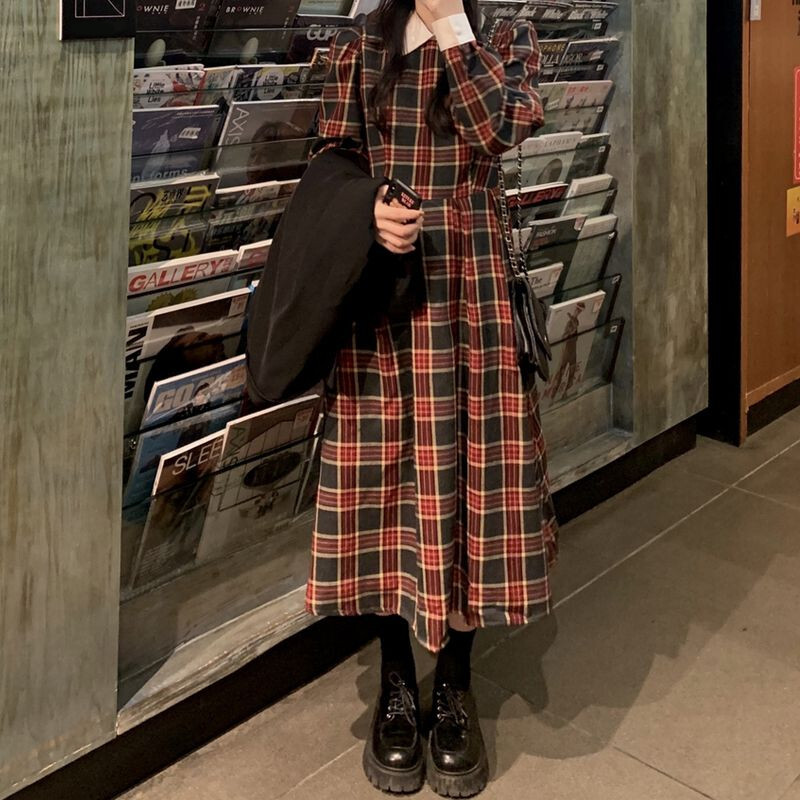 韓国生産 チェック柄長袖ロングワンピース