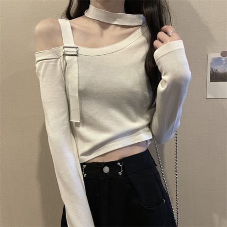 ワンショルダー tシャツ ニット トップス カットソー オフショルダー 肩だし 肩見せ 肩開き 長袖 レトロ 韓国ファッション レディース 大人可愛い ガーリー DTC-652525181958