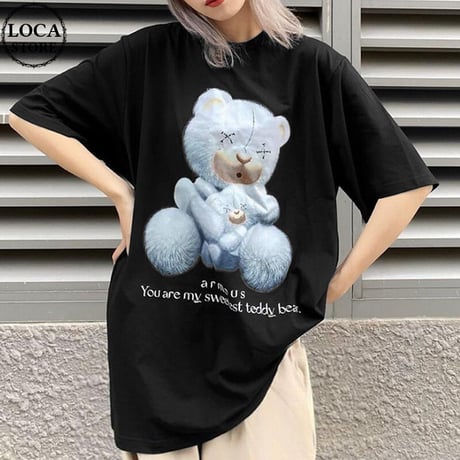 ユニセックス Tシャツ 半袖 クマちゃん親子 プリント オーバーサイズ カジュアル 韓国ファッション メンズ レディース 韓国ストリートファッション DTC-647561691124