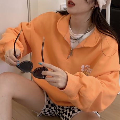 ハーフジップ POLO襟 トップス トレーナー フリース 裏起毛 プルオーバー 長袖 ゆったり 韓国ファッション レディース カジュアル 大人可愛い ガーリー DTC-664779833427