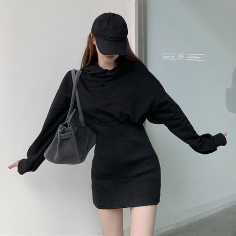 フード付き ワンピース ハイウエスト ミニワンピース パーカーワンピース スウェット 長袖 レトロ 韓国ファッション レディース 大人可愛い ガーリー DTCA-661706775371