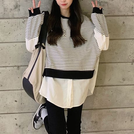 ドッキングトップス フェイクレイヤード ボーダー柄 ニット ブラウス 重ね着風 切替 長袖 レトロ 韓国ファッション レディース 大人可愛い ガーリー DTC-680518160120