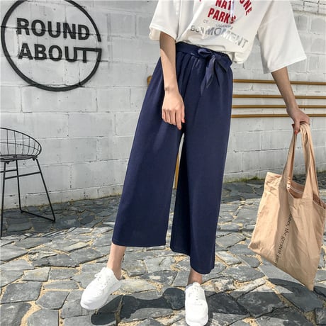 レディース ワイドパンツ ガウチョパンツ ハイウエスト ウエストリボン パンツ ボトムス 韓国ファッション オルチャン (DCT-576943177093)