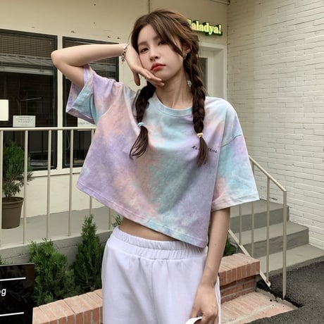 【3カラー】  Tシャツ タイダイ柄 半袖 クロップド丈 ショート丈 へそ出し 絞り染め カジュアル 韓国ファッション レディース 韓国ストリートファッション DTC-646013907781