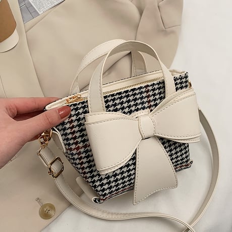 2WAY ハンドバッグ ショルダーバッグ ミニバッグ 千鳥格子 リボン チェック柄 バッグ 鞄 レトロ ホワイト ブラック ブラウン DTC-631010281178