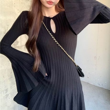 ニットワンピース フレアスリーブ ベルスリーブ ニット ミニワンピース プリーツ Aライン 長袖 レトロ 韓国ファッション レディース 大人可愛い ガーリー DTC-765739613925