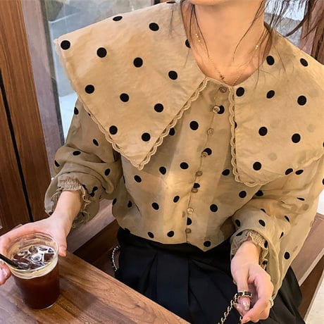 ドット柄 ブラウス シャツ 大きい襟 ランタンスリーブ ルーズ ショート丈 透け感 長袖 レトロ 韓国ファッション レディース 大人可愛い ガーリー フェミニン DTC-679081345595