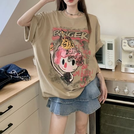 Tシャツ 半袖 漫画風プリント クルーネック オーバーサイズ トップス ルーズ ゆったり カジュアル 韓国ファッション レディース DTC-714109078106