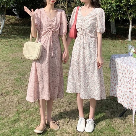 花柄ワンピース ギャザー Vネック パフ袖 ハイウエスト 半袖 Aライン ロング丈 シンプル 韓国ファッション レディース 大人可愛い ガーリー フェミニン DTC-644250041473