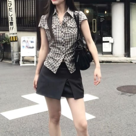 チェック柄 ブラウス シャツ クロップド丈 ショート丈 スリムフィット スリムブラウス 半袖 レトロ 大人可愛い ガーリー カジュアル DTCA-948264012358