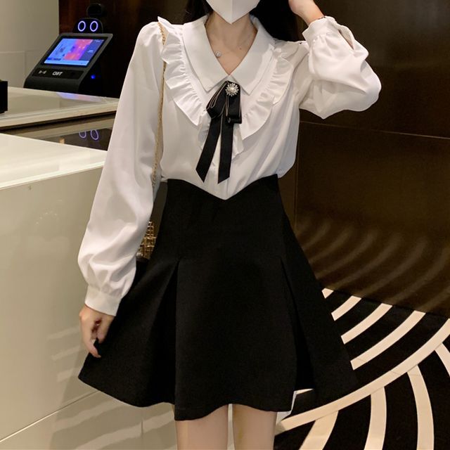 セットアップ ヨークフリル リボン ブラウス スカート Aライン