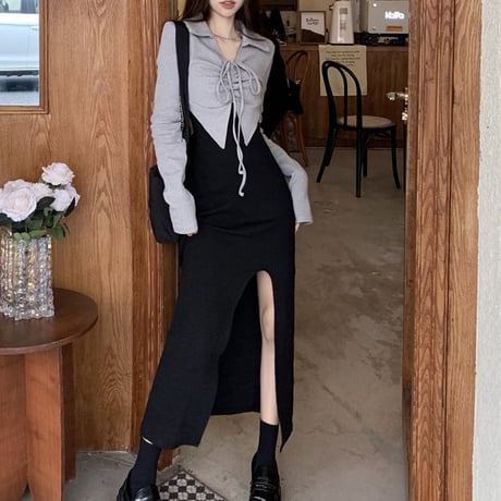 フェイクレイヤード ワンピース ドッキングワンピース 襟付き ハイウエスト スリット ロング丈 Aライン レトロ 韓国ファッション レディース 大人可愛い ガーリー DTC-703963287461