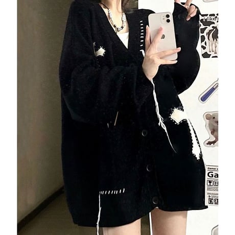 ユニセックス ニット カーディガン クロスデザイン Vネック オーバーサイズ 長袖 カジュアル 韓国ファッション メンズ レディース 韓国ストリートファッション DACA-816581739227
