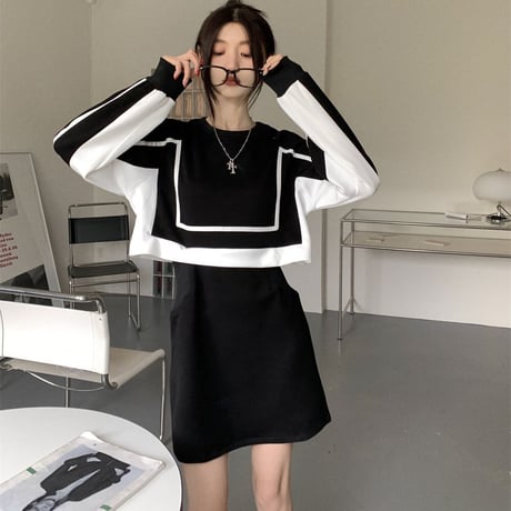フェイクレイヤード ワンピース バイカラー ドッキングワンピース ルーズ ハイウエスト 長袖 レトロ 韓国ファッション レディース 大人可愛い ガーリー DTC-683954252526