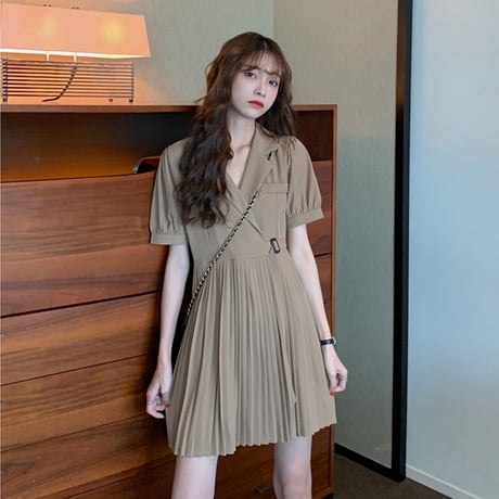 ワンピース プリーツスカート 半袖 ラペル 韓国ファッション レディース ミニワンピース ショート丈 Aライン ハイウエスト かわいい ガーリー レトロ DTC-617514165542