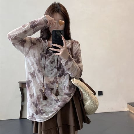 シアートップス バタフライ柄 シースルー オーバーサイズ tシャツ ルーズ 長袖 レトロ 韓国ファッション レディース 大人可愛い ガーリー DTC-803808832596