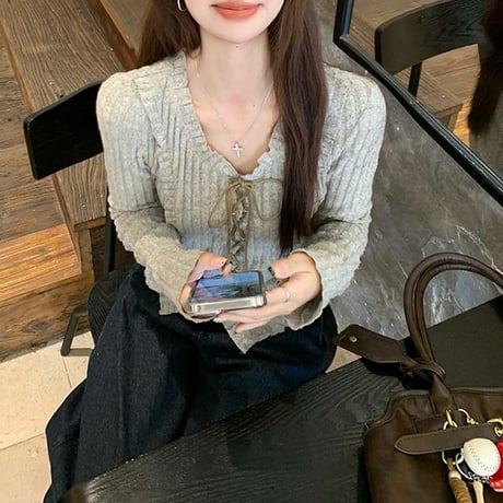 ニット トップス レースアップ Vネック スリムフィット 長袖 レトロ 韓国ファッション レディース 大人可愛い ガーリー DTCA-849831573602