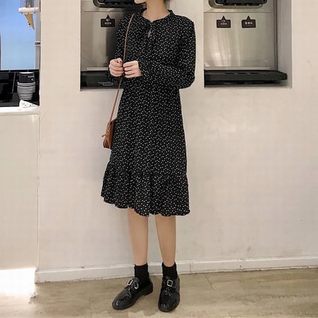 レディース 長袖ワンピース ミモレ丈 ドット柄 ワンピース フレア リボン 韓国ファッション オルチャン (DCT-587243195150)