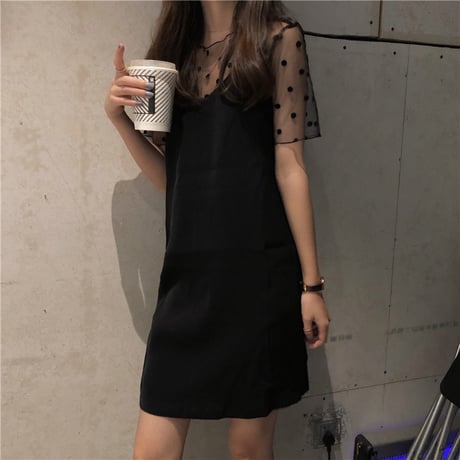 セットアップ 2点セット キャミワンピース ドット柄 レース Tシャツ ノースリーブ 大人可愛い ガーリー 韓国ファッション レディース DCT-621675137865