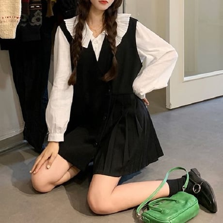 セットアップ ブラウス ＋ ベストワンピース プリーツ フロントボタン 韓国ファッション レディース 2点セット 大人可愛い ガーリー フェミニン レトロ DTC-641172143458