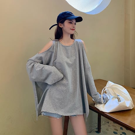 オープンショルダー Tシャツ 長袖 不規則デザイン 韓国ファッション レディース ロンT トップス ラウンドネック ガーリー ストリート (DTC-623972080031)