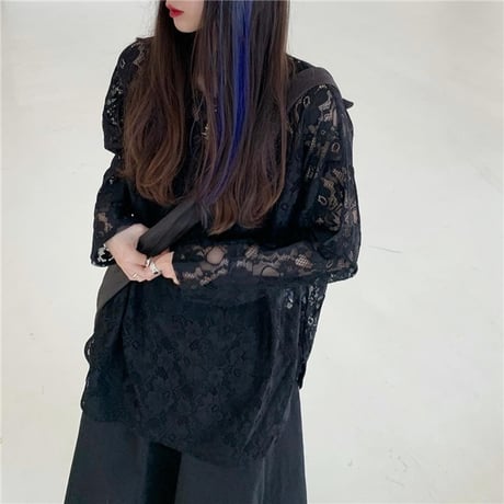 フラワーレース tシャツ 透け感 トップス ホワイト ブラック クルーネック レース ロンT 長袖 レトロ 大人可愛い ガーリー DTCA-865166902200