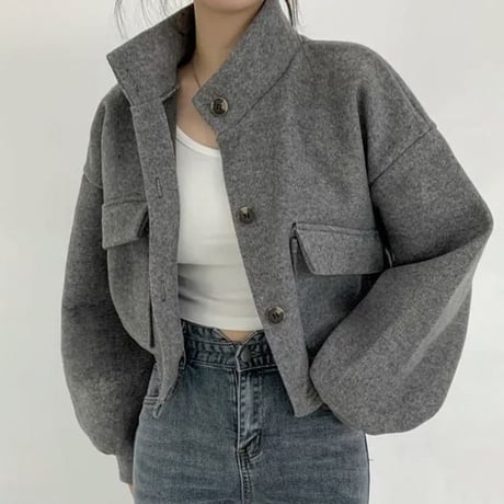 ブルゾン ジャケット アウター ショート丈 ウールタッチ 立ち襟 スタンドカラー ゆったり ルーズ レトロ 大人可愛い ガーリー カジュアル DTCA-747100073929