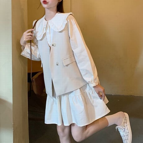 セットアップ ワンピース ＋ ベスト ルーズ 長袖 韓国ファッション レディース 2点セット Aラインスカート かわいい ガーリー フェミニン DTC-624602746823