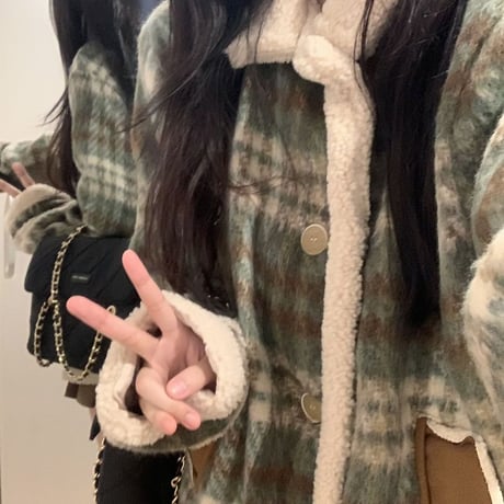 チェック柄 ボアジャケット アウター フェイクラムウール オーバーサイズ 防寒 ゆったり 長袖 冬 レトロ 韓国ファッション レディース 大人可愛い ガーリー DTCA-840018887119