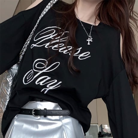 オープンショルダー tシャツ 長袖 レタープリント ロンt 肩開き トップス クルーネック ルーズ レトロ 韓国ファッション レディース 大人可愛い ガーリー DTC-821642982308
