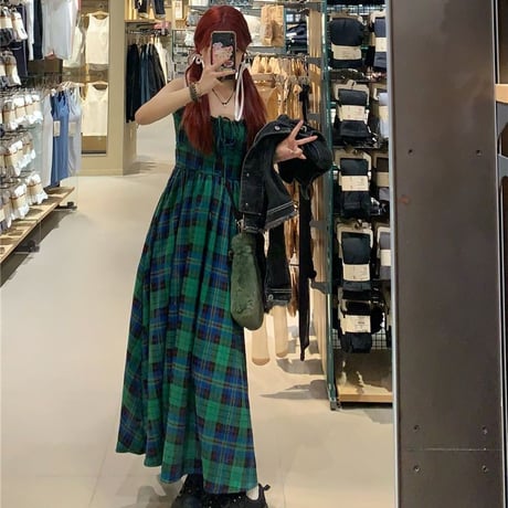 チェック柄 キャミワンピース ロング丈 Aライン ハイウエスト スリングワンピース レトロ 韓国ファッション レディース 大人可愛い ガーリー カジュアル DTC-707350329702