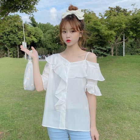 ワンショルダー アシンメトリー ブラウス フリル 韓国ファッション レディース トップス 半袖 ゆったり カットソー 大人可愛い ガーリー DTC-620420177426