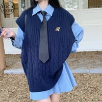 3点セット セットアップ ネクタイ付き ニットベスト シャツワンピース オーバーサイズ ケーブル編み ストライプ柄 長袖 レトロ 大人可愛い ガーリー DTCA-962004618590